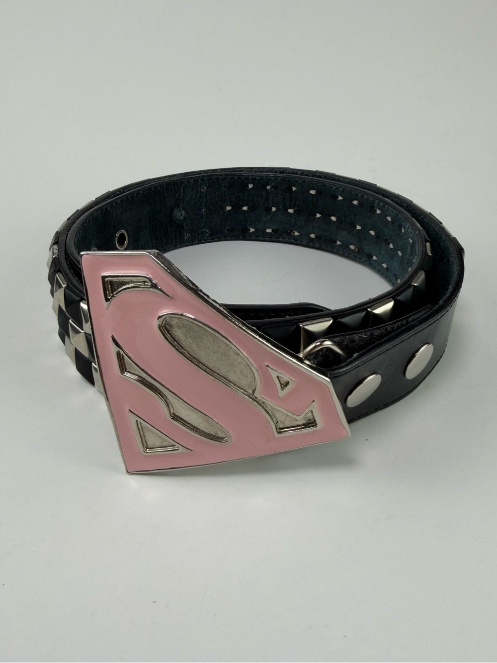 Studded Leather Belt with Pink Superman Buckle Size Medium Y2K - Picture 4 of 10